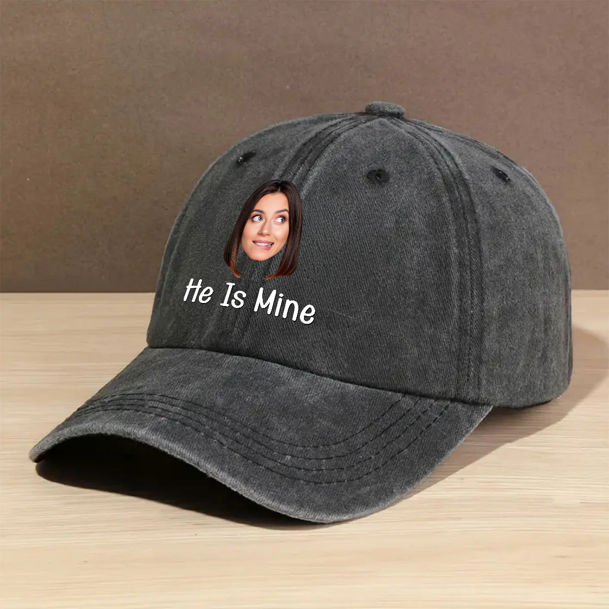 He Is Mine - Personalized Custom Vintage Washed Denim Cap - Image 2