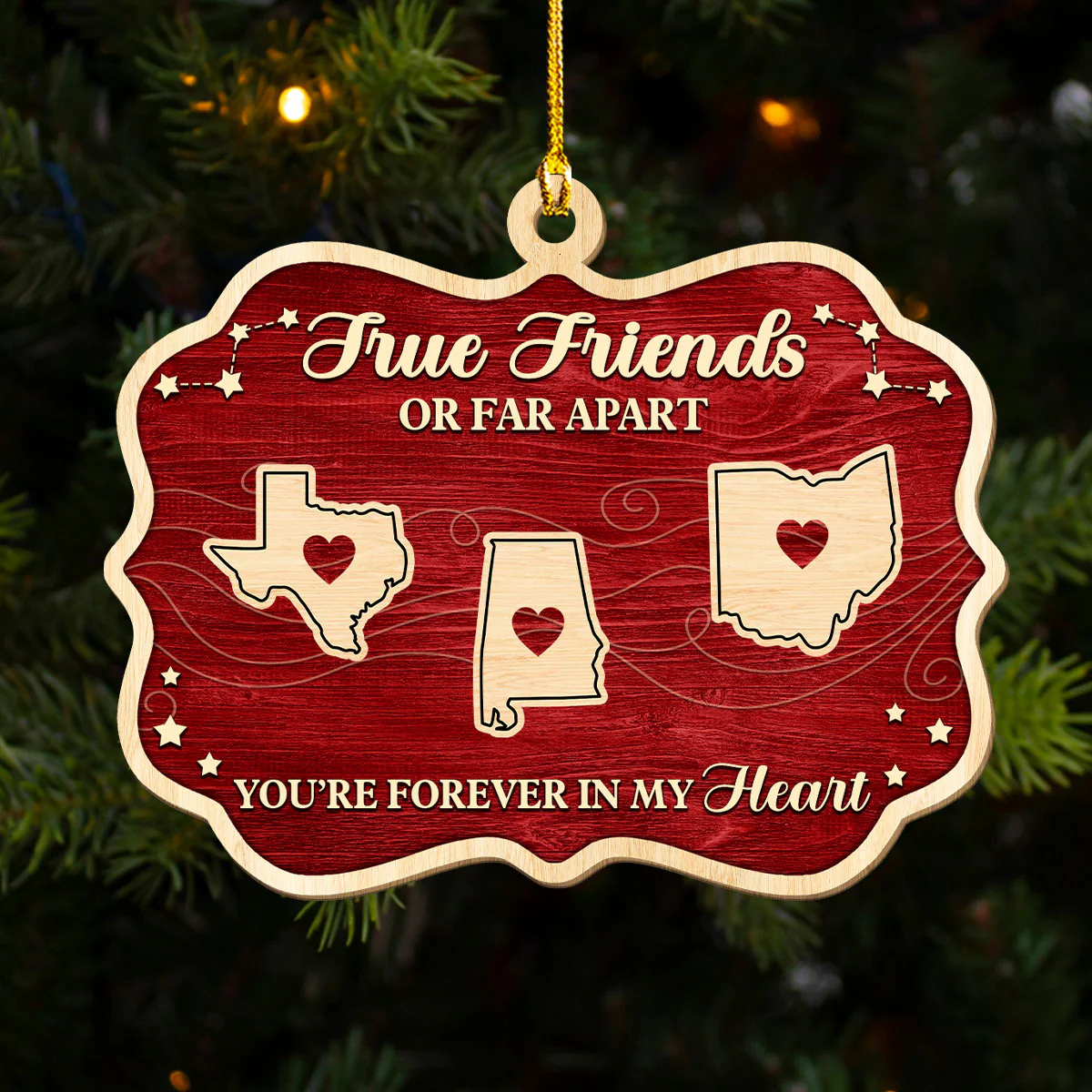 Hearts Stay Connected Through Distance - Personalized Custom 3D Effect Wood Ornament - Image 2