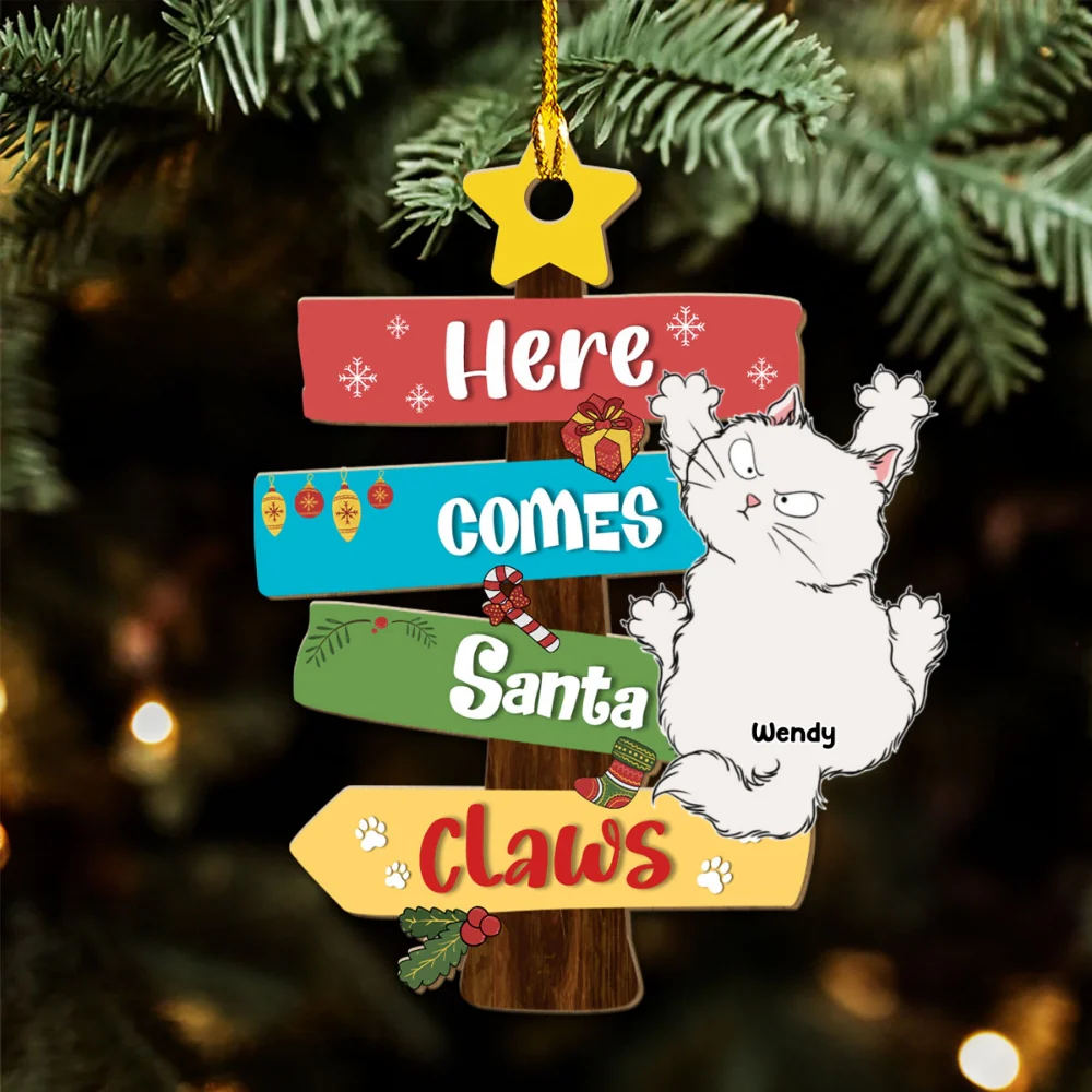 Here Comes Santa Paws - Personalized Custom Wood Ornament - Image 6