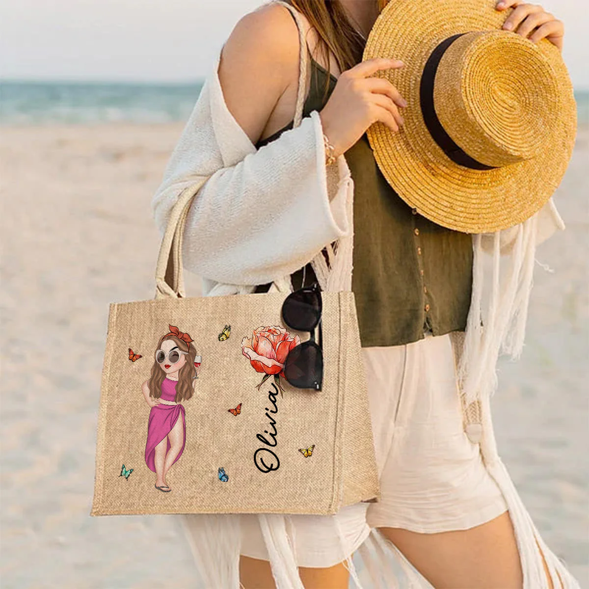 Hola Beaches Version 2 - Personalized Custom Jute Tote Bag - Image 6
