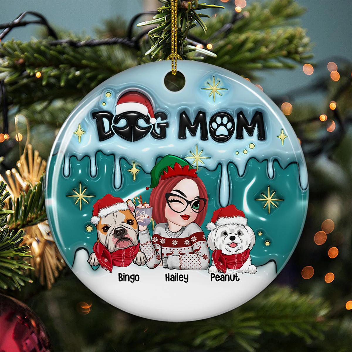 Holiday With Dog Mom - Personalized Custom 3D Inflated Effect Ceramic Ornament - Image 2