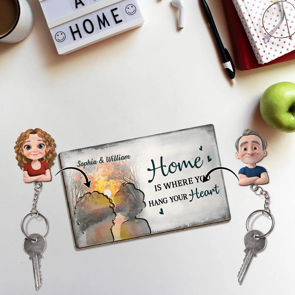 Home Is Where You Hang Your Heart - Personalized Custom Wooden Key Holder With Keychain - Image 2