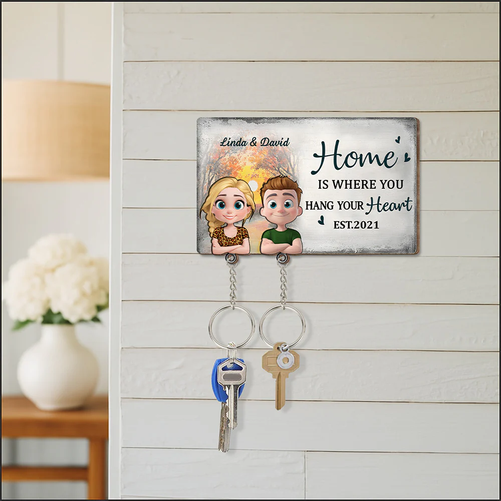 Home Is Where You Hang Your Heart - Personalized Custom Wooden Key Holder With Keychain - Image 3