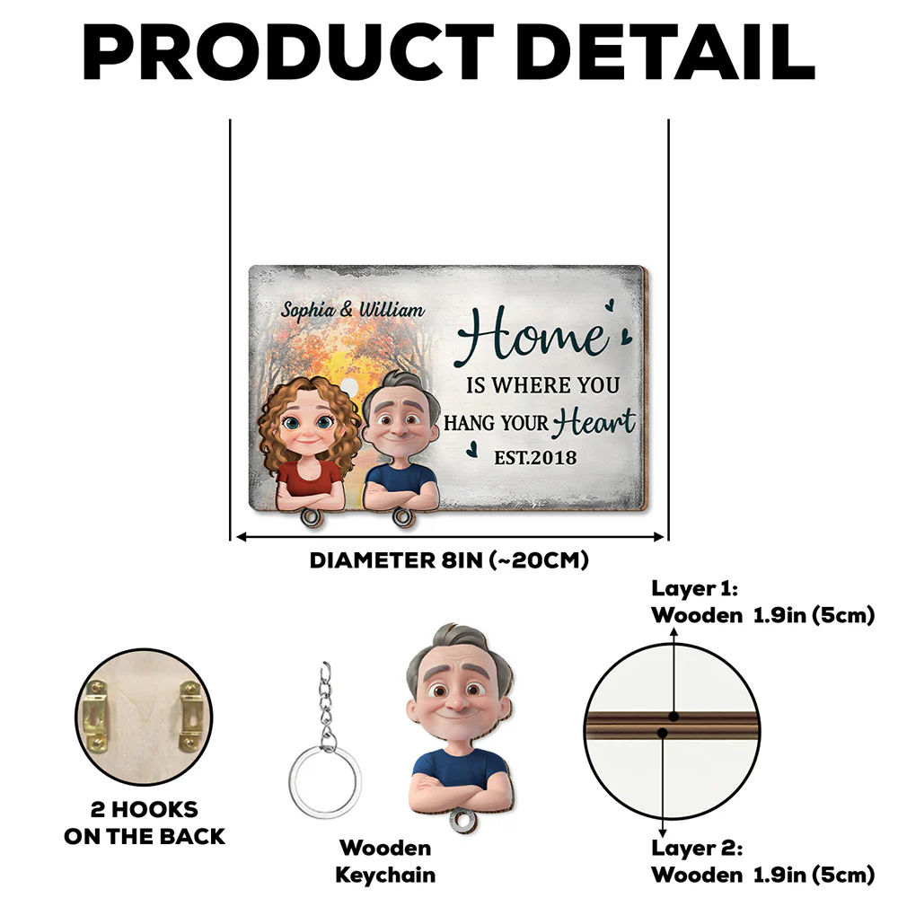 Home Is Where You Hang Your Heart - Personalized Custom Wooden Key Holder With Keychain - Image 5