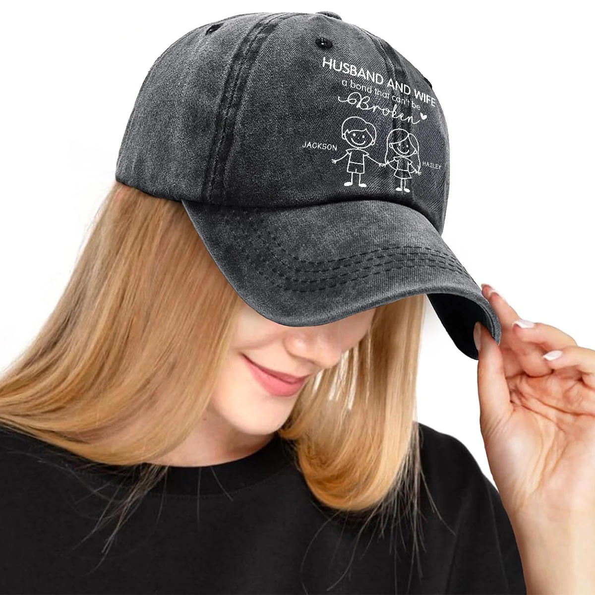 Hubby And Wifey - Personalized Custom Vintage Washed Denim Cap - Image 3