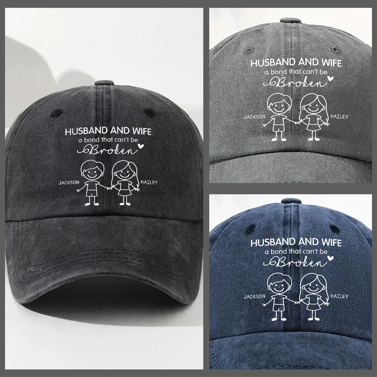 Hubby And Wifey - Personalized Custom Vintage Washed Denim Cap - Image 4