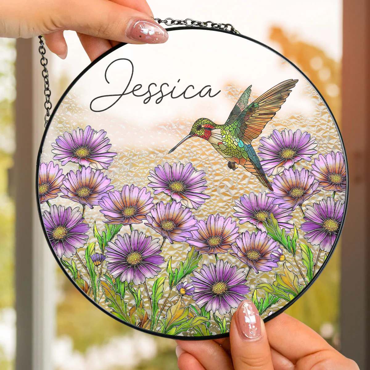 Hummingbird With Flower - Personalized Custom Window Hanging Suncatcher - Image 4