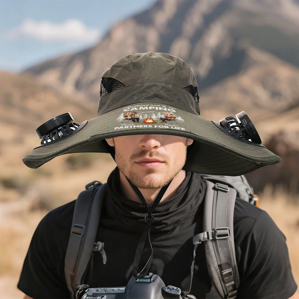 Husband And Wife Camping Life - Personalized Custom Solar Fan Hat - Image 2