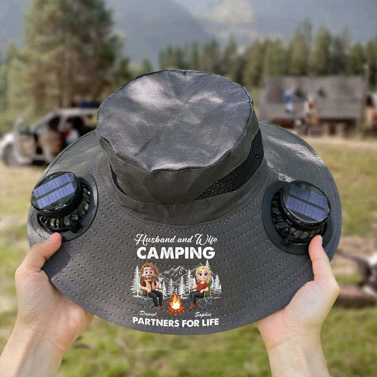 Husband And Wife Camping Life - Personalized Custom Solar Fan Hat - Image 3