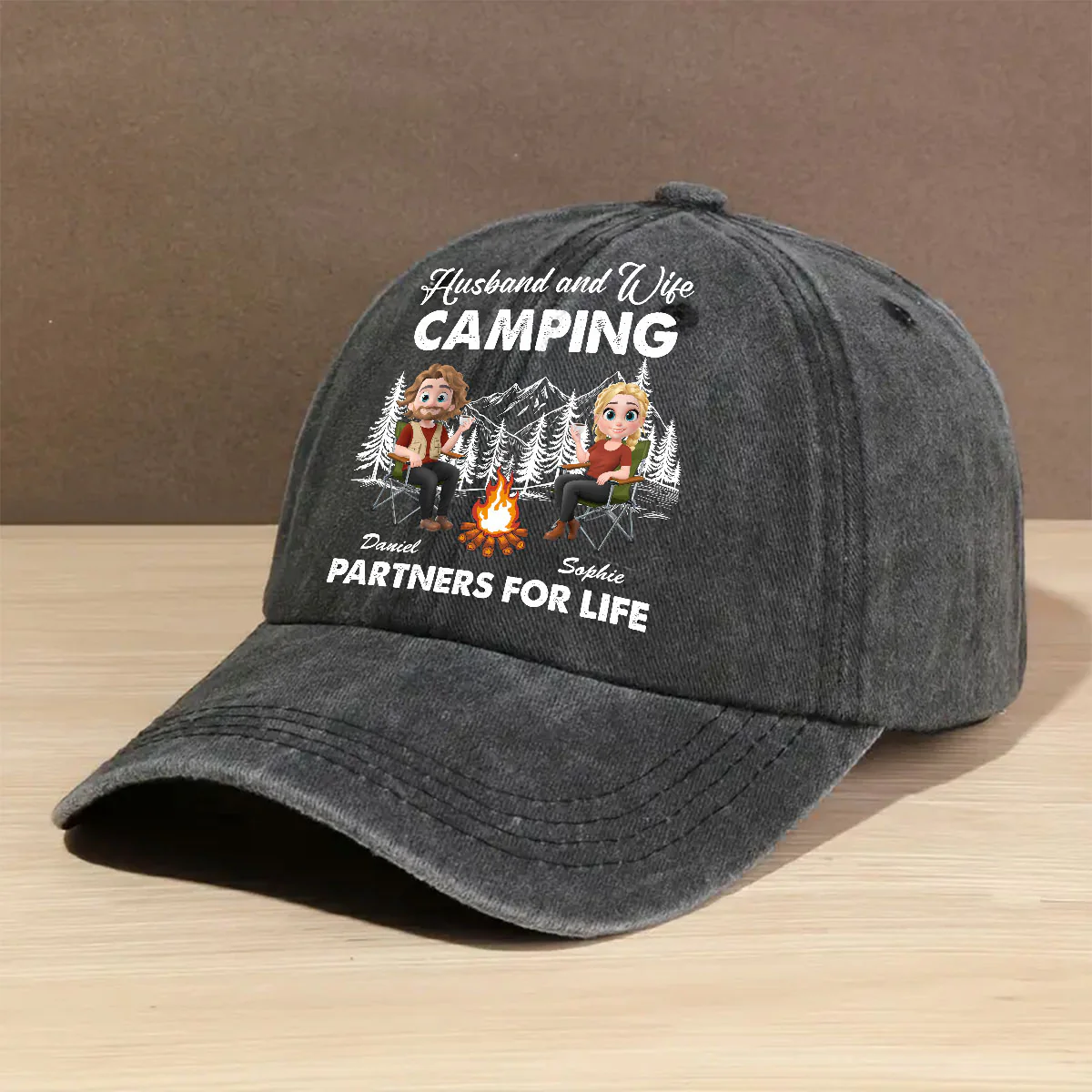 Husband And Wife Camping Life - Personalized Custom Vintage Washed Denim Cap - Image 2