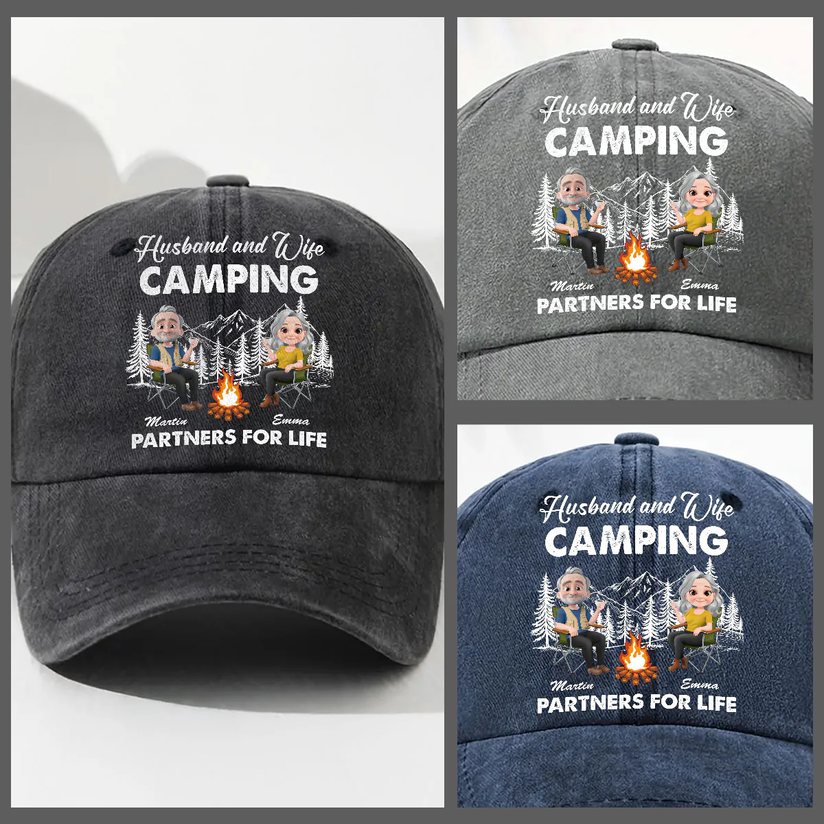 Husband And Wife Camping Life - Personalized Custom Vintage Washed Denim Cap - Image 3