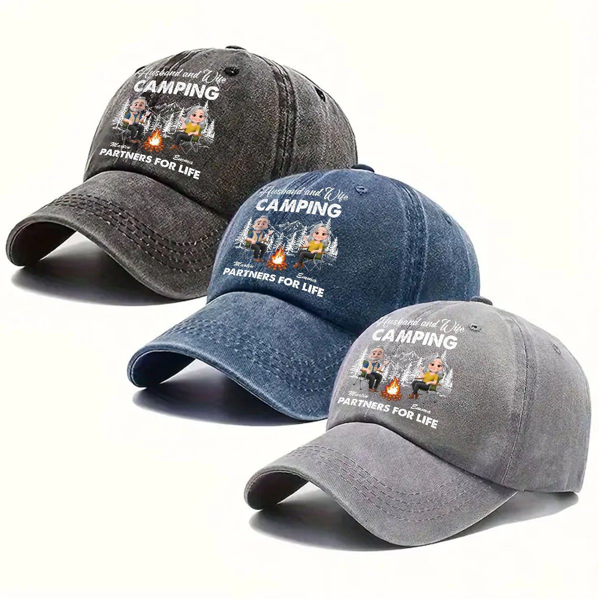 Husband And Wife Camping Life - Personalized Custom Vintage Washed Denim Cap - Image 4