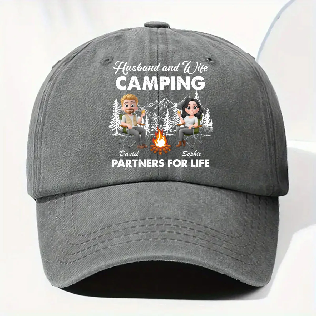 Husband And Wife Camping Life - Personalized Custom Vintage Washed Denim Cap - Image 7