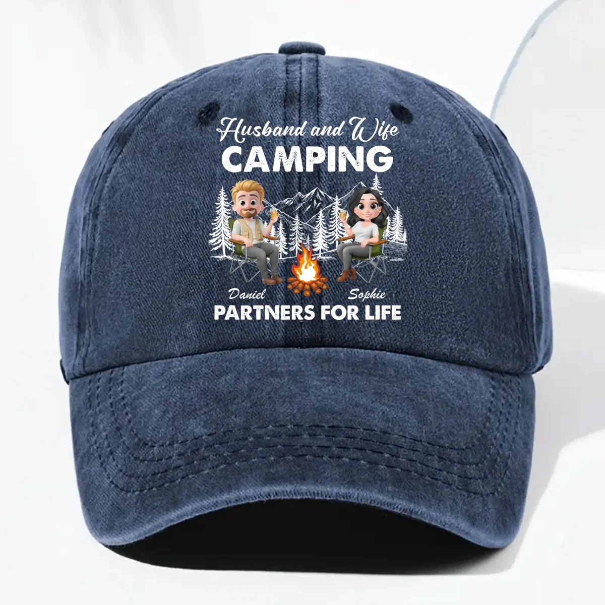 Husband And Wife Camping Life - Personalized Custom Vintage Washed Denim Cap - Image 8