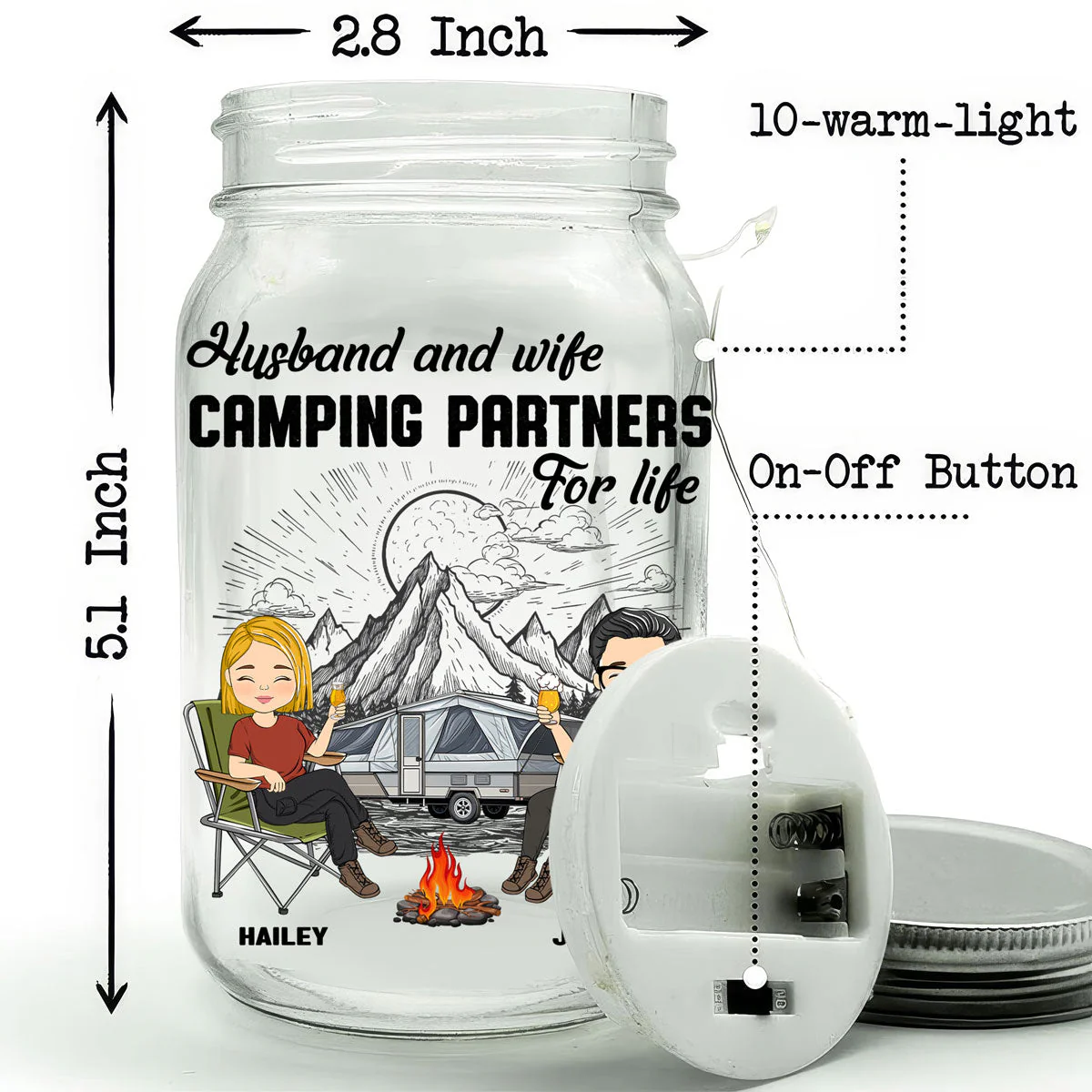 Husband And Wife Camping Partners For Life - Personalized Custom Mason Jar Light - Image 5