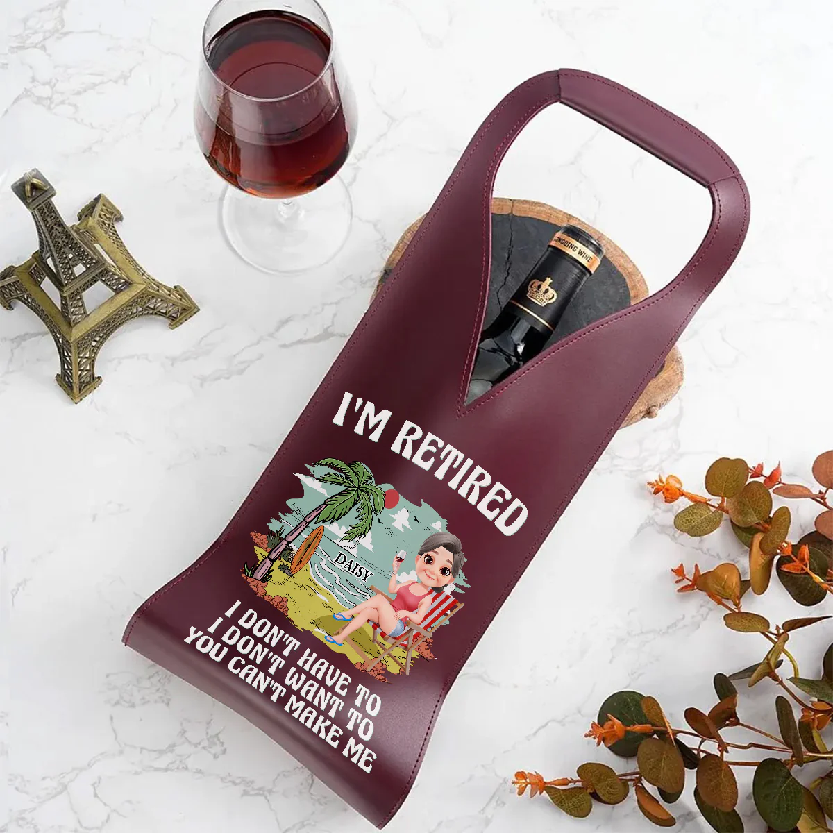 I Am Retired - Personalized Custom Leather Wine Bag - Image 3