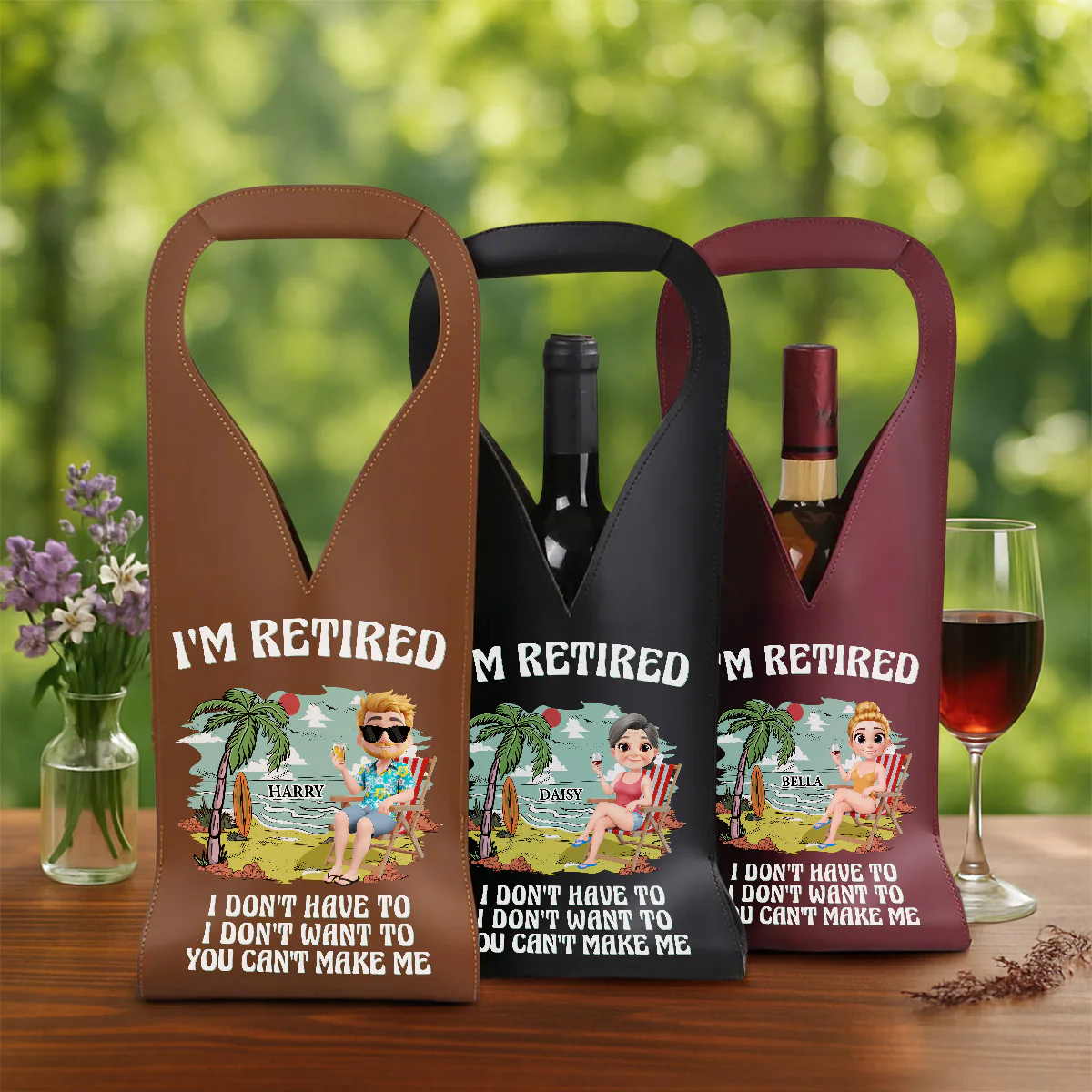I Am Retired - Personalized Custom Leather Wine Bag - Image 4