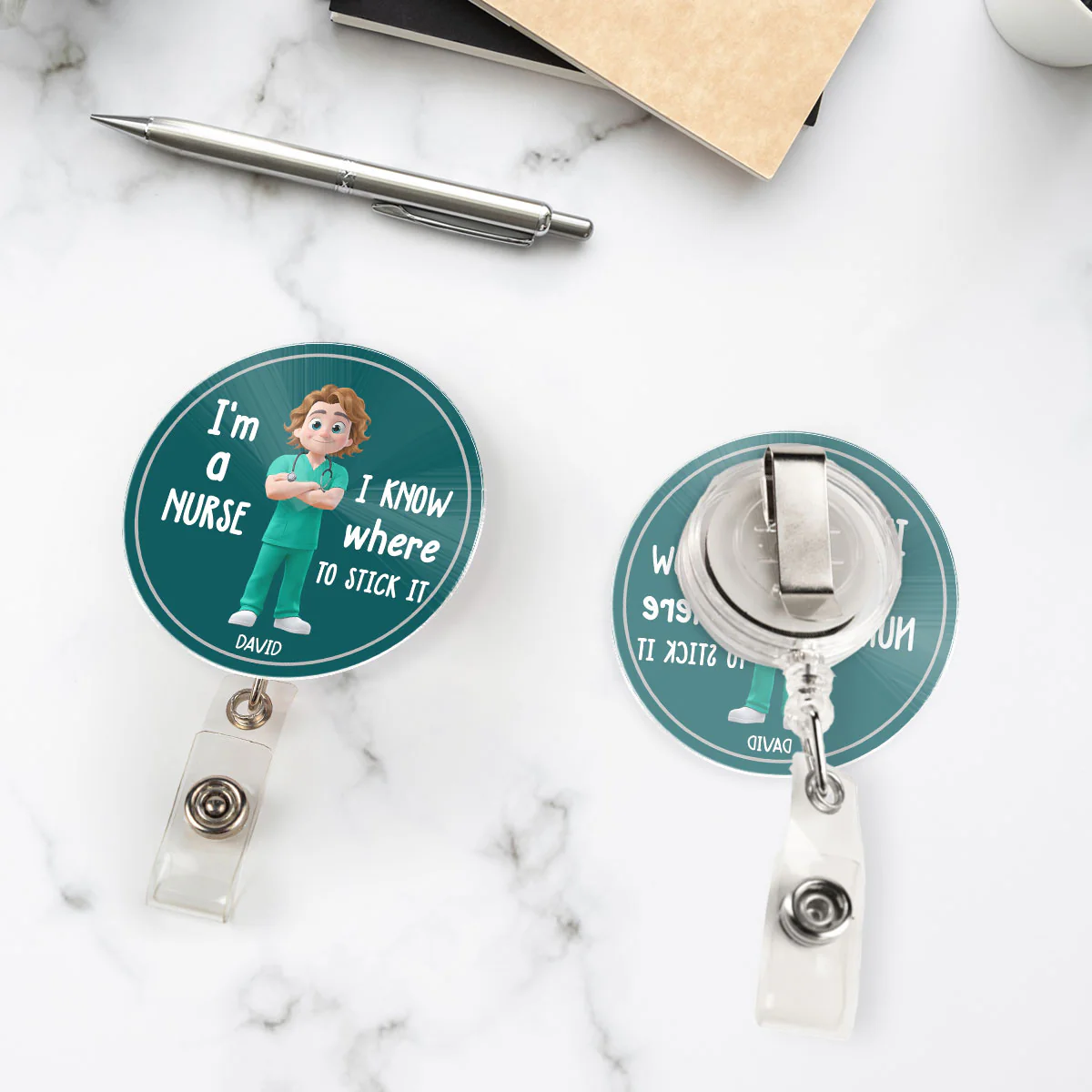 I Know Where To Stick It - Personalized Custom Acrylic Badge Reel - Image 6