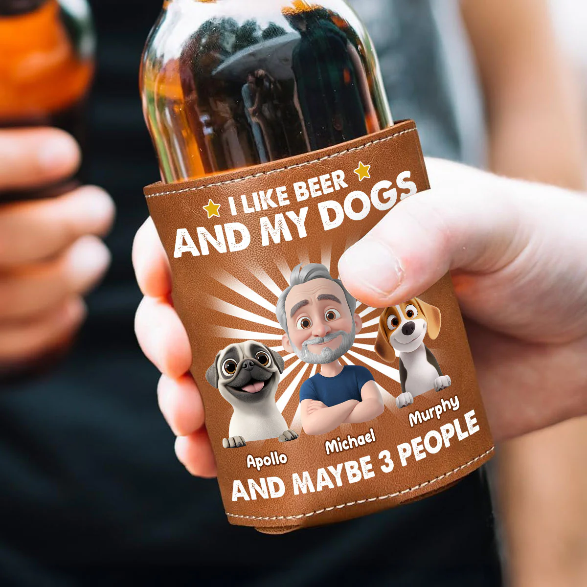 I Like Beer - Personalized Custom Leather Can Cooler Holder - Image 2