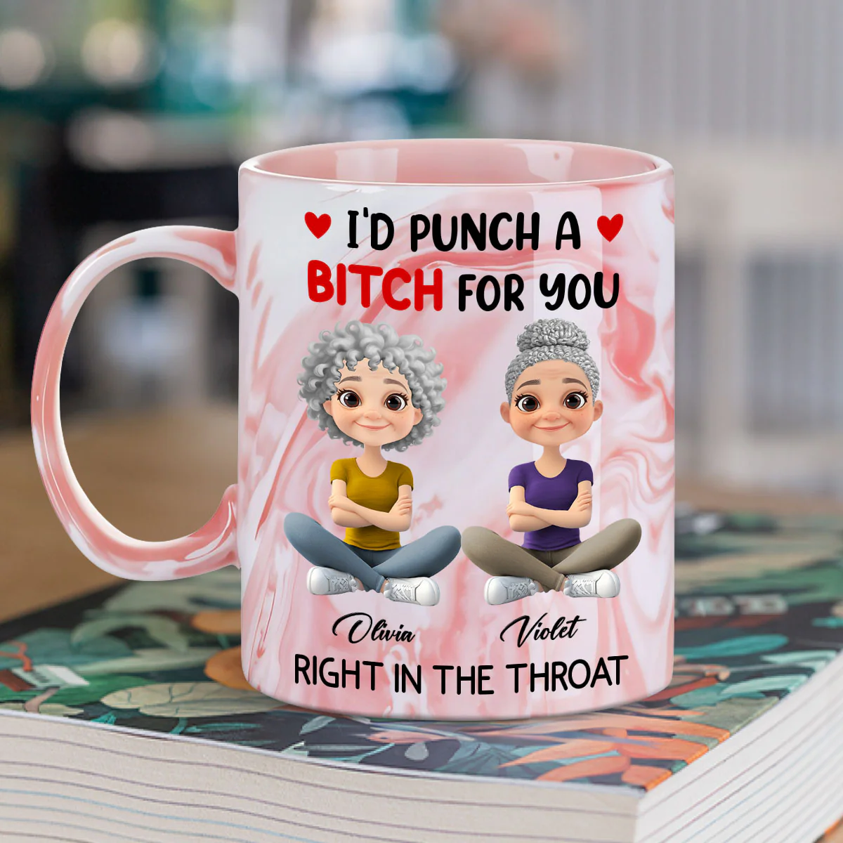 I Punch A Bitch For You My Friend Chibi Cartoon - Personalized Custom Pink Marble Mug - Image 2