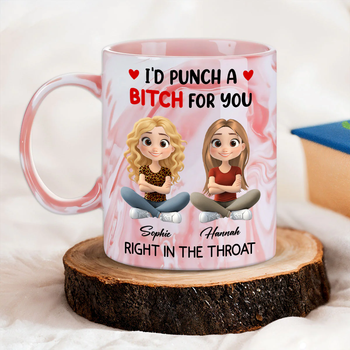 I Punch A Bitch For You My Friend Chibi Cartoon - Personalized Custom Pink Marble Mug - Image 3