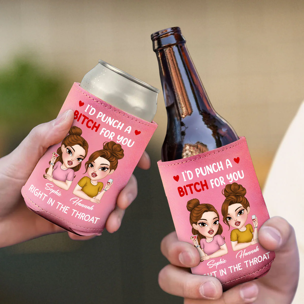 I Punch A Bitch For You My Friend - Personalized Custom Pink Leather Can Cooler Holder - Image 4
