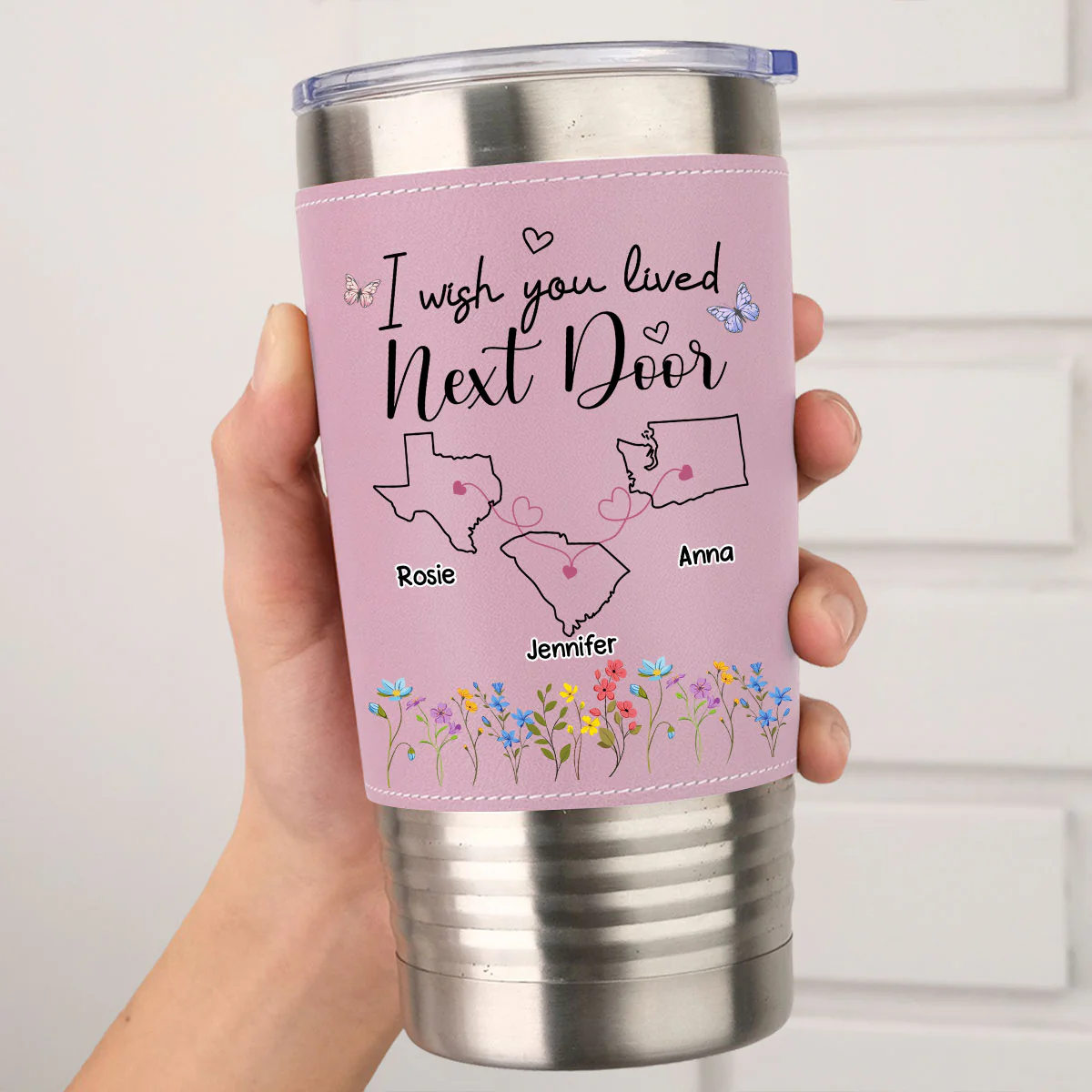 I Wish We Lived Closer - Personalized Custom Pink Leather Tumbler - Image 3
