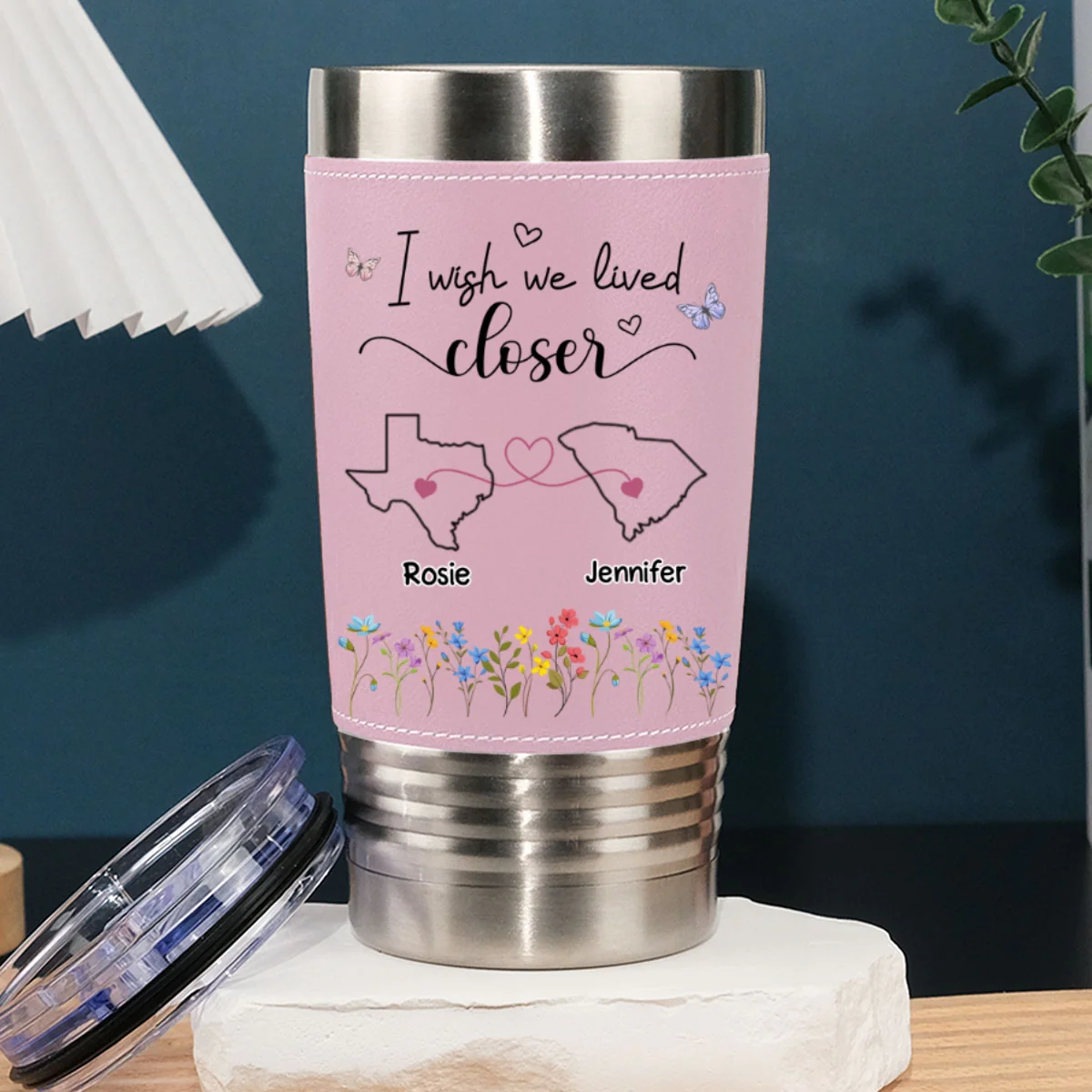 I Wish We Lived Closer - Personalized Custom Pink Leather Tumbler - Image 6