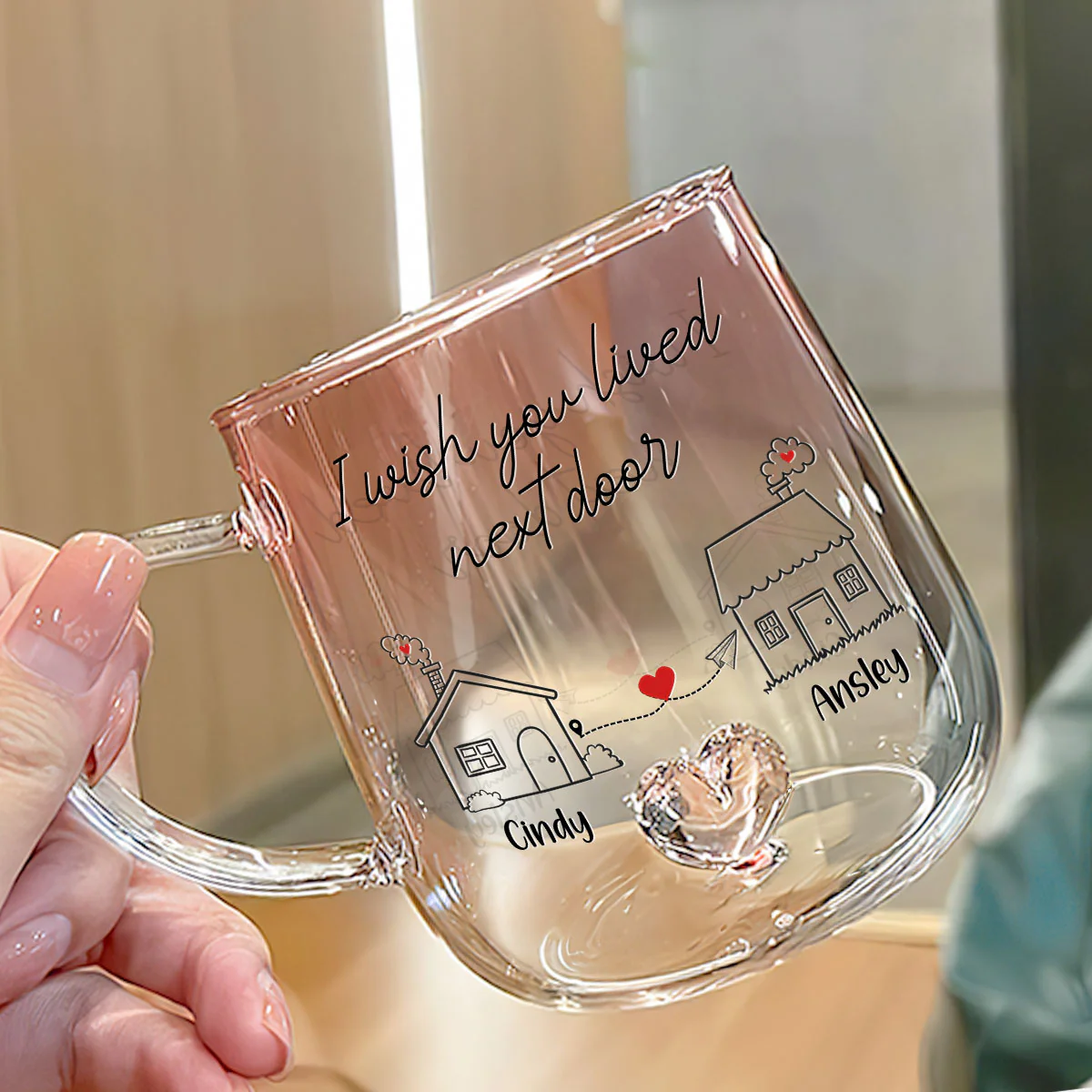 I Wish You Lived Next Door - Personalized Custom Pink Gradient Glass Mug - Image 3