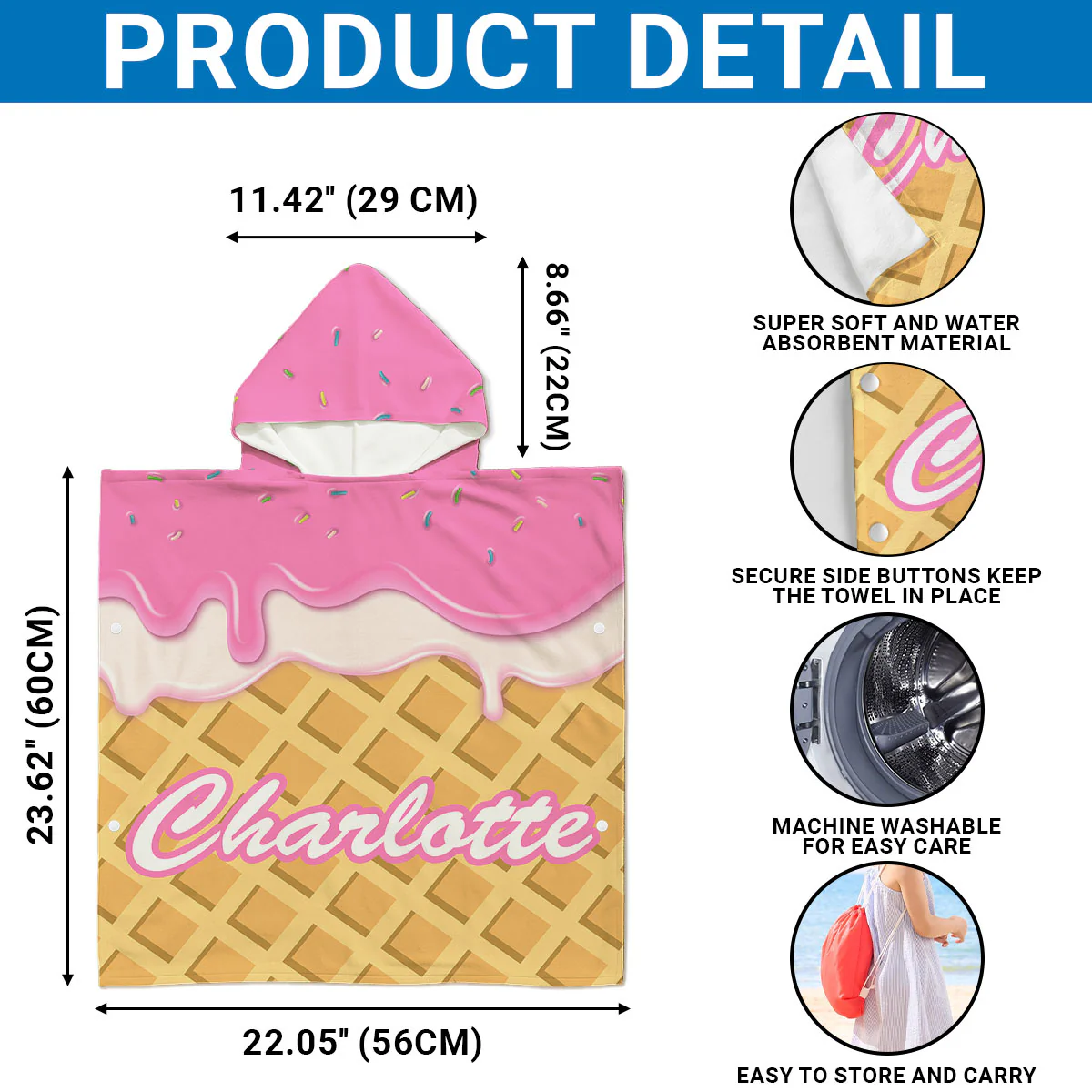 Ice Cream - Personalized Custom Hooded Beach Towel - Image 7
