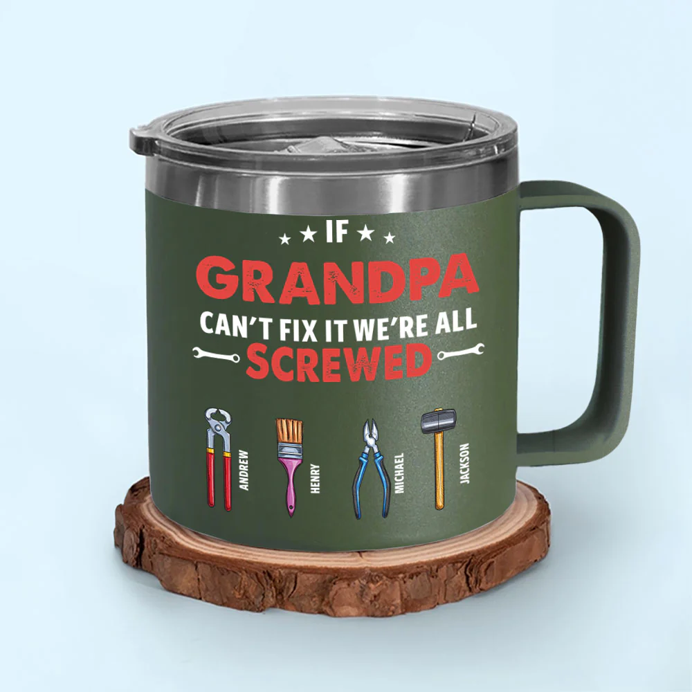 If Grandpa Dad Can Not Fix - Personalized Custom 14oz Stainless Steel Tumbler With Handle - Image 2