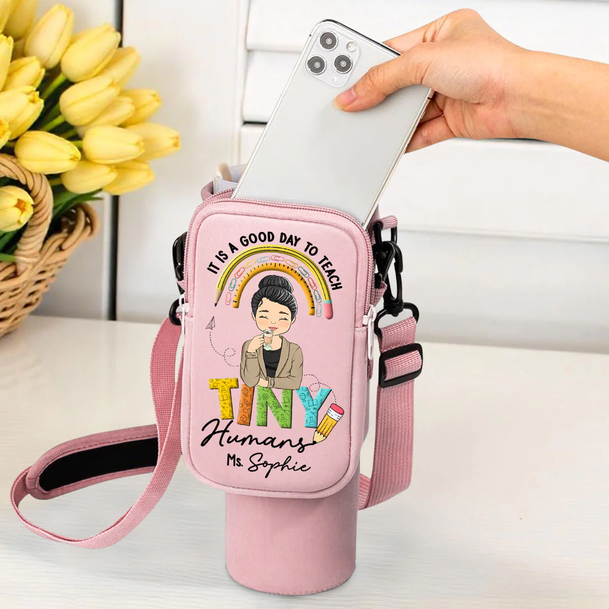 Inspiring Tiny Humans To Dream Big - Personalized Custom 40oz Water Bottle Carrier Bag - Image 2