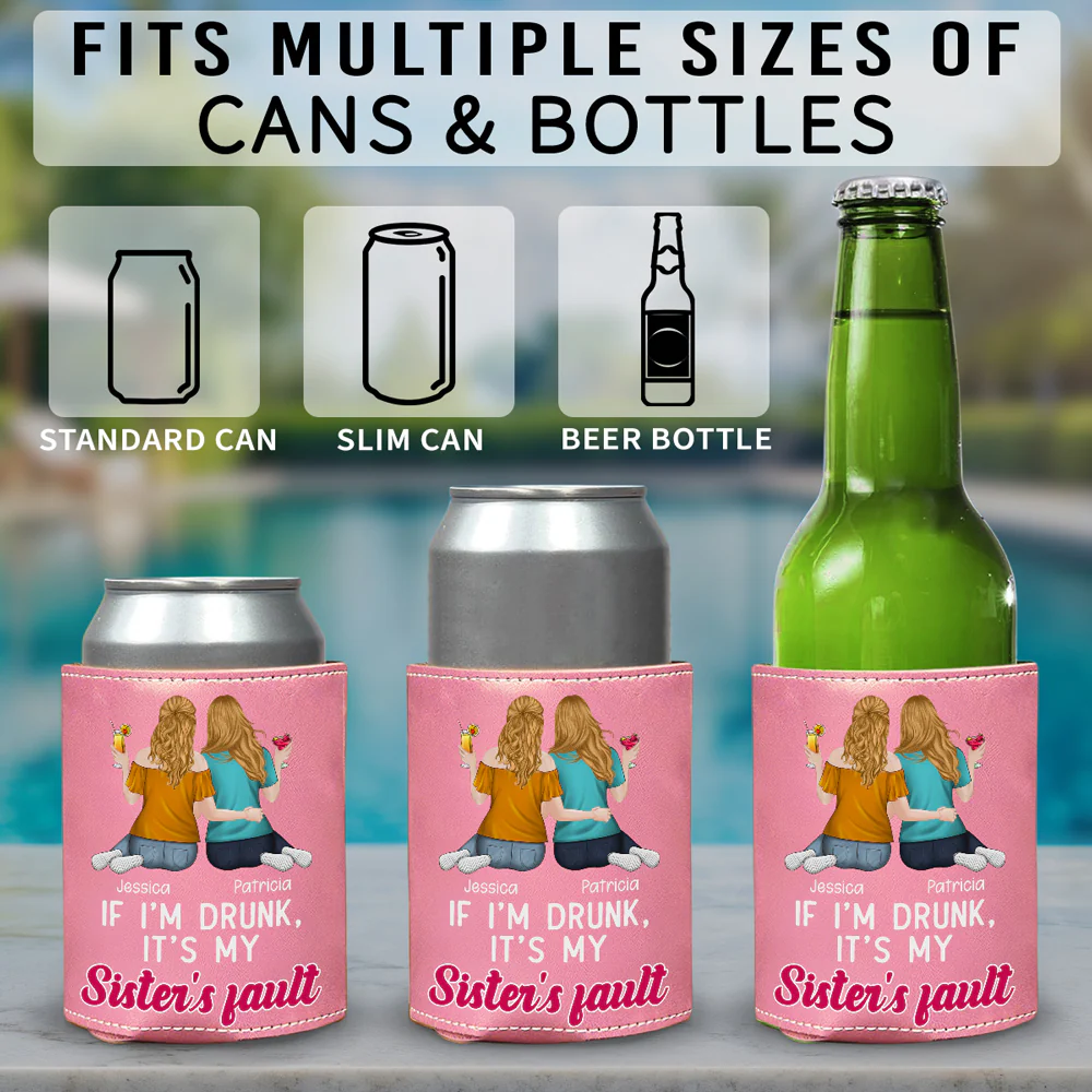 It Is My Sisters - Personalized Custom Pink Leather Can Cooler Holder - Image 5