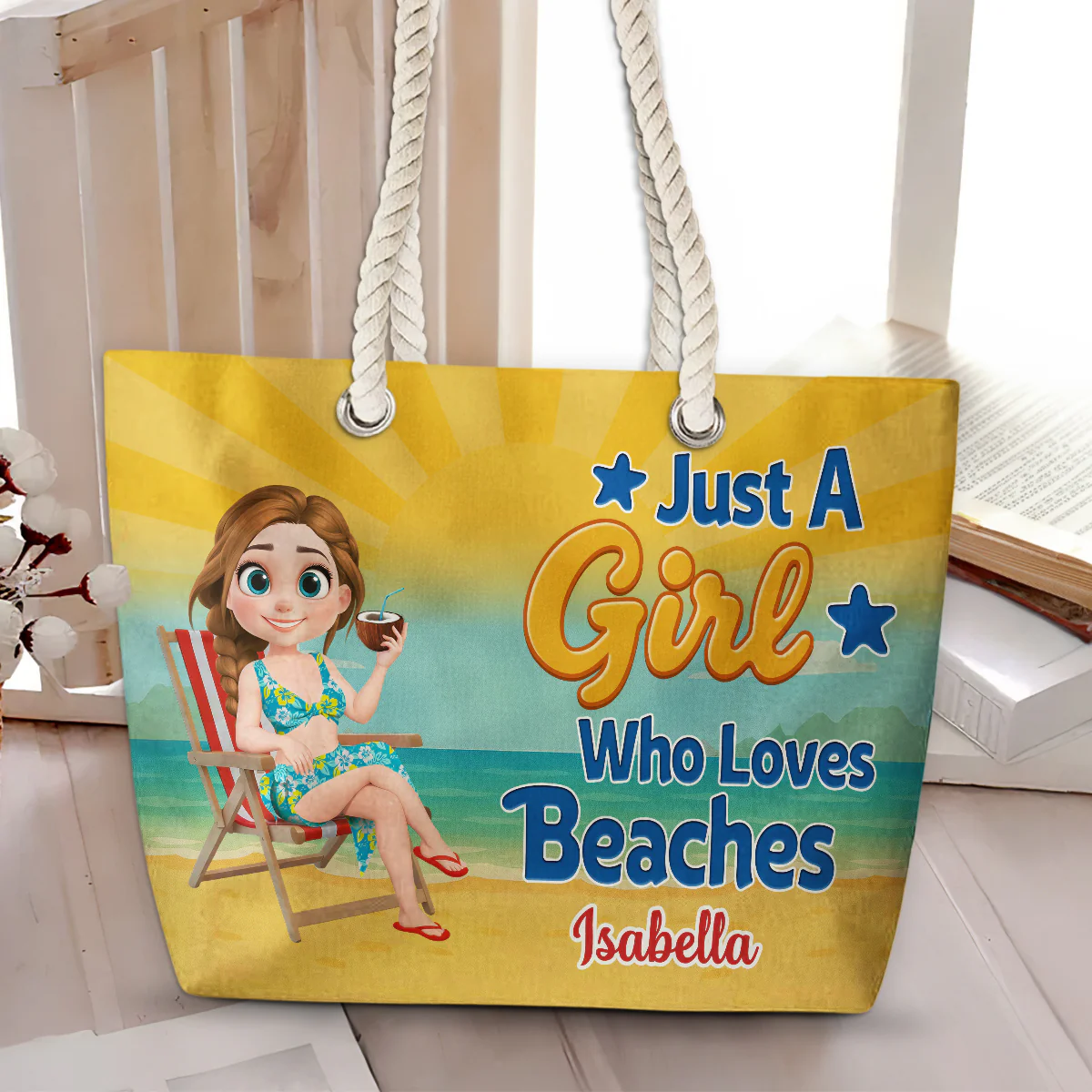 Just A Girl Who Loves Beaches Cartoonize - Personalized Custom Beach Bag - Image 3