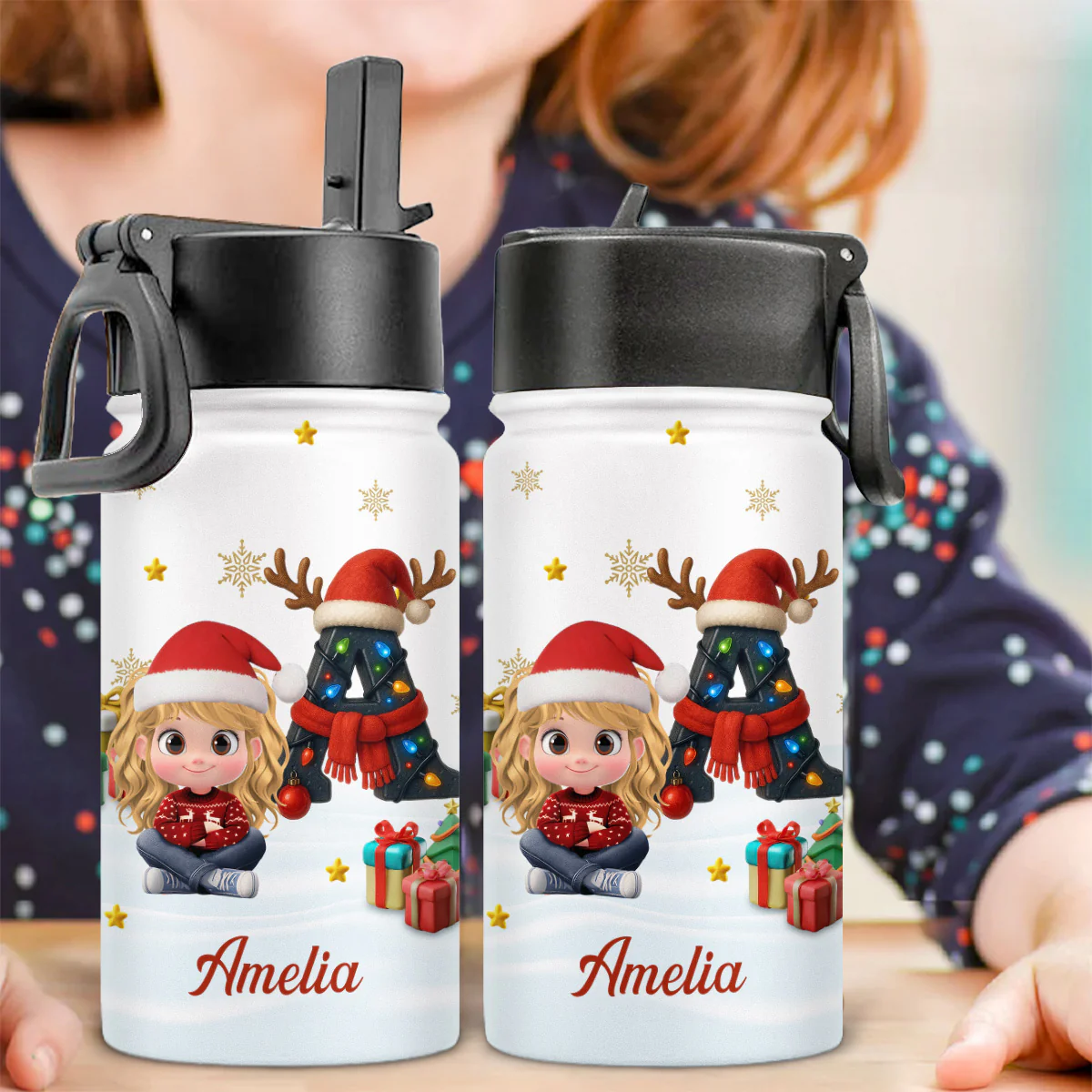 Kid Name Christmas Alphabet - Personalized Custom Kids Water Bottle - Image 2