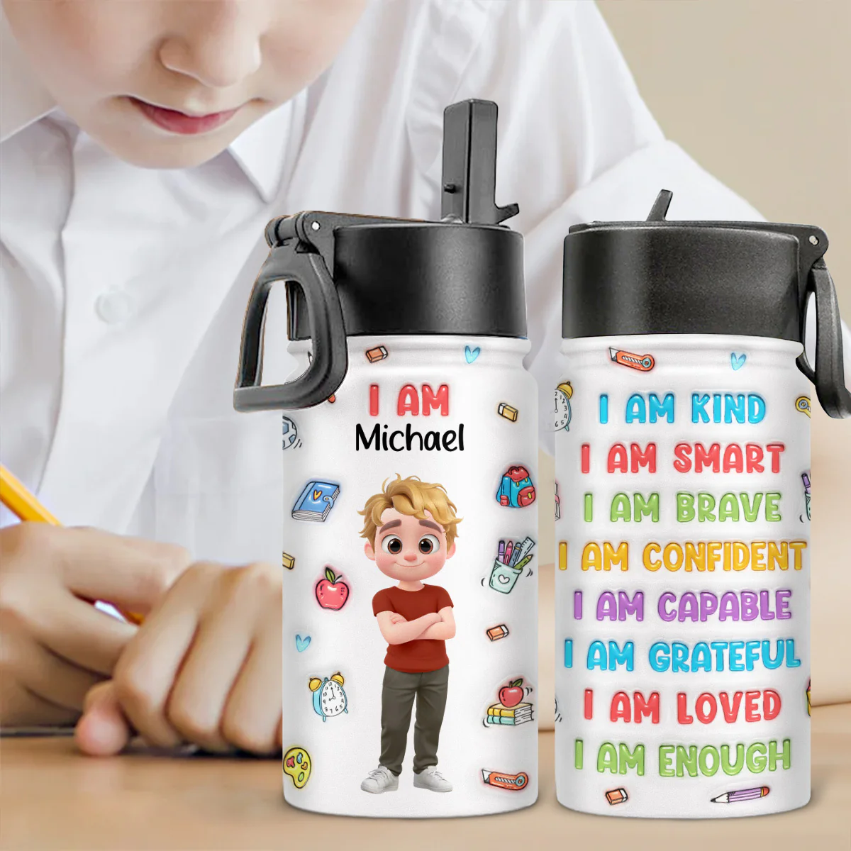 Kind Smart Loved Cartoonize - Personalized Custom 3D Inflated Effect Kids Water Bottle - Image 3