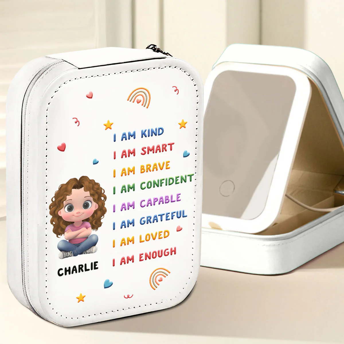 Kind Smart Loved Cartoonize - Personalized Custom Jewelry Box With LED Mirror