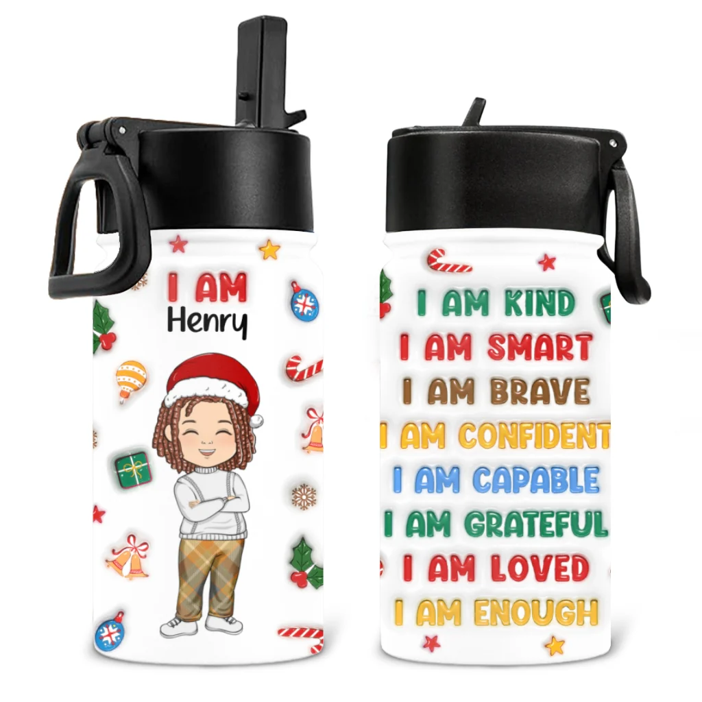 Kind Smart Loved Christmas - Personalized Custom 3D Inflated Effect Kids Water Bottle - Image 6