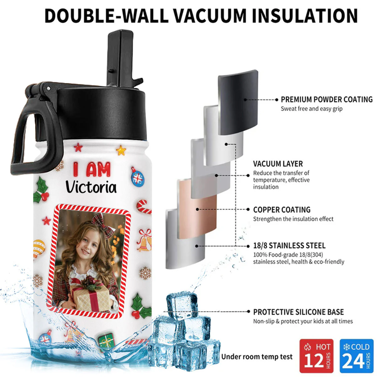 Kind Smart Loved Christmas Photo - Personalized Custom 3D Inflated Effect Kids Water Bottle - Image 5