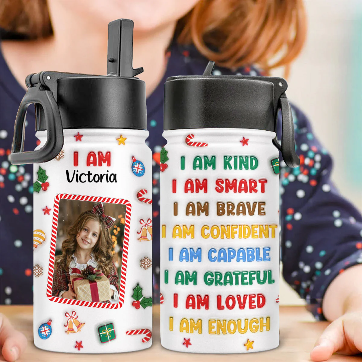 Kind Smart Loved Christmas Photo - Personalized Custom 3D Inflated Effect Kids Water Bottle - Image 6