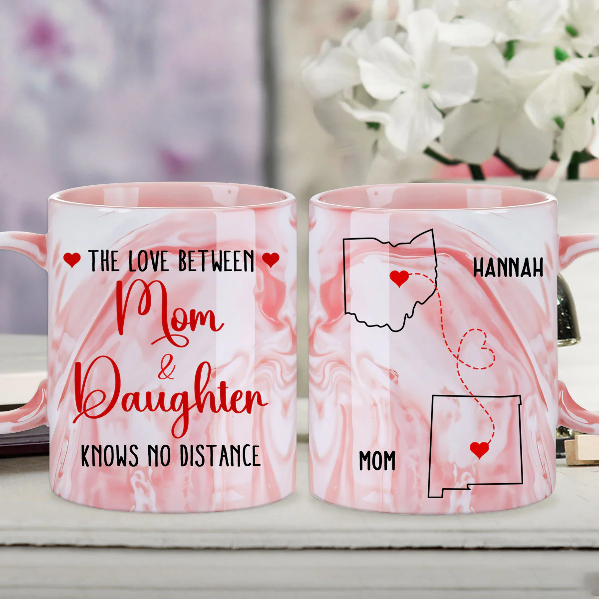 Knows No Distance - Personalized Custom Pink Marble Mug - Image 2