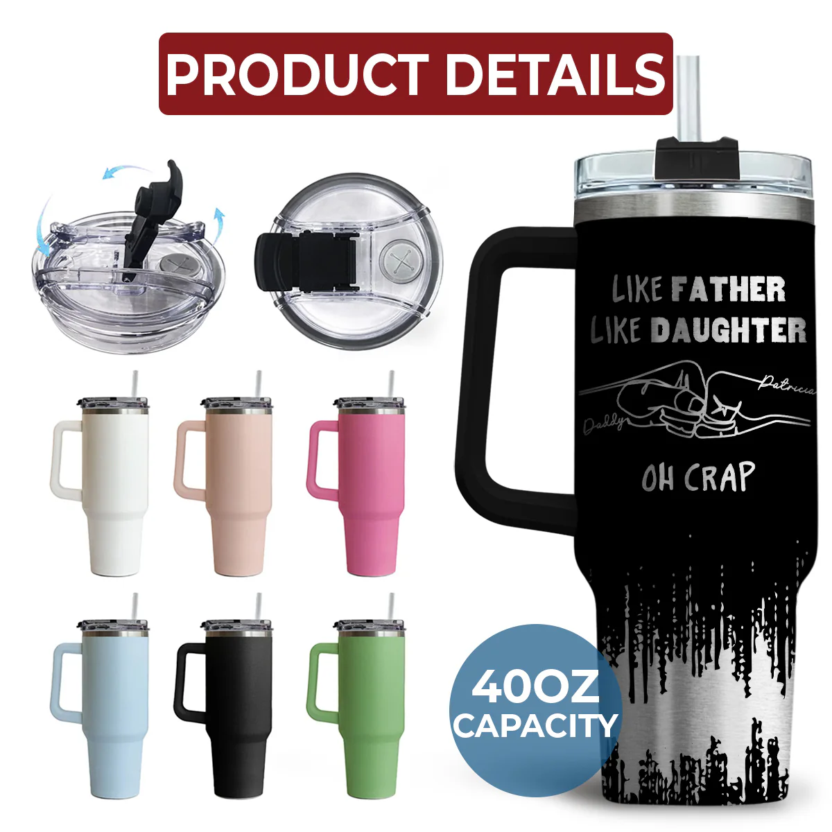 Like Father Like Daughter - Personalized Custom Engraved 40oz Tumbler With Handle - Image 6