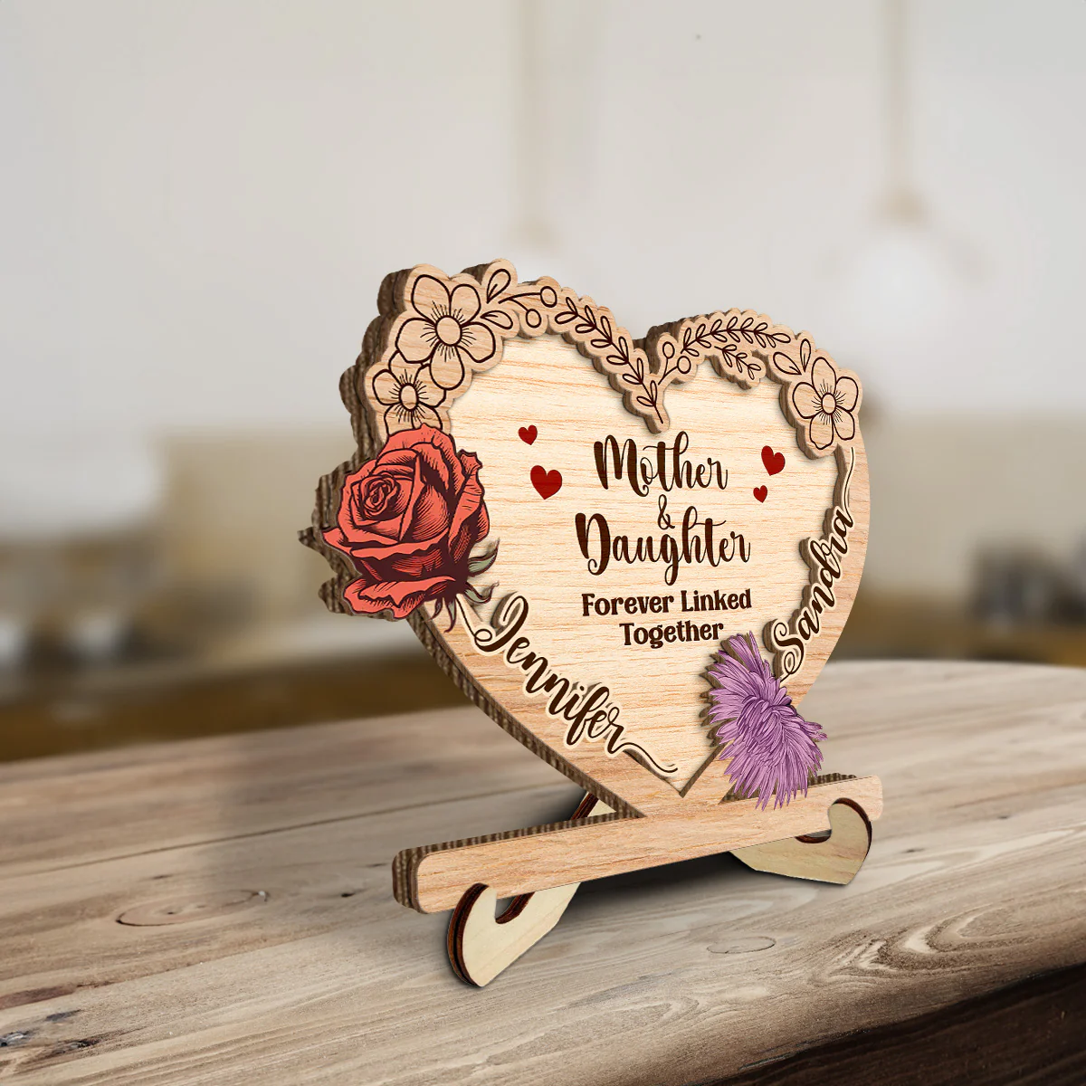 Linked Together Mom And Daughter - Personalized Custom Wooden Plaque - Image 2