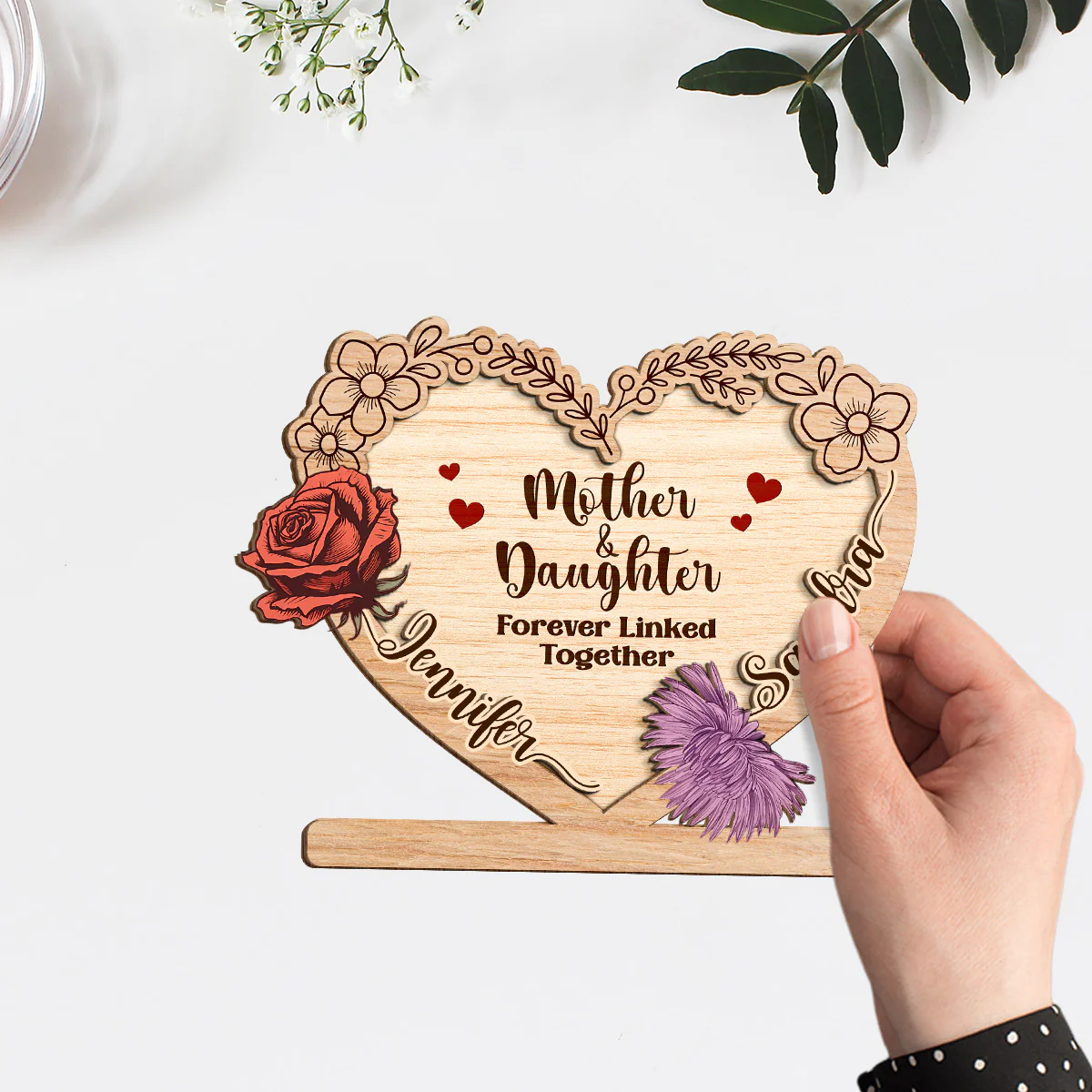 Linked Together Mom And Daughter - Personalized Custom Wooden Plaque - Image 3