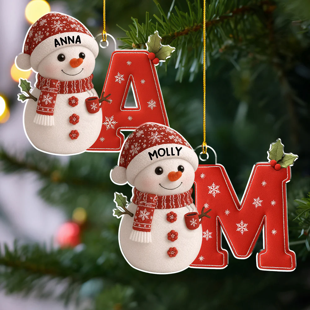 Little Snowman Joy With Letter - Personalized Custom Acrylic Ornament - Image 5