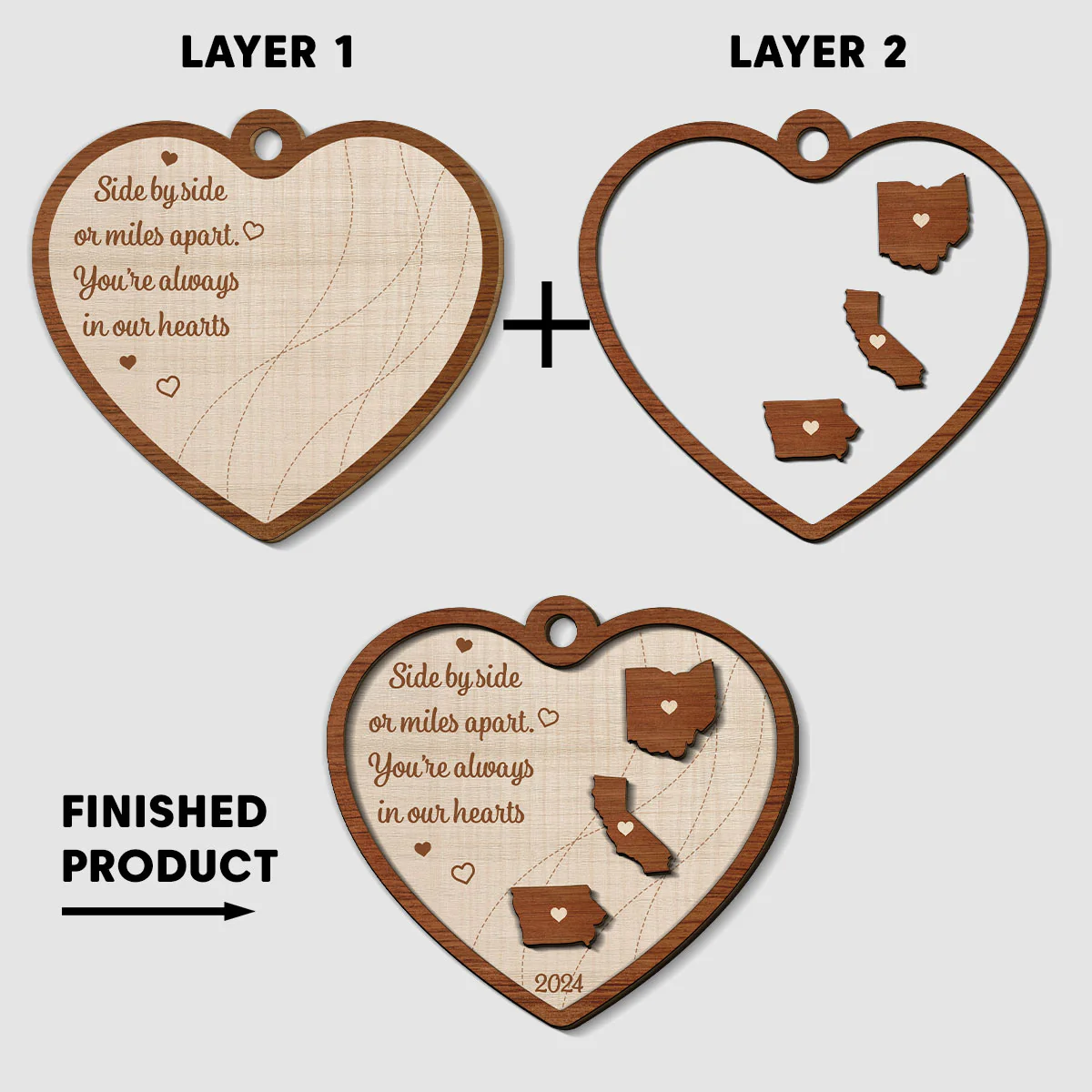 Long Distance Family State Map - Personalized Custom Freeshape 2-Layered Wood Ornament - Image 4