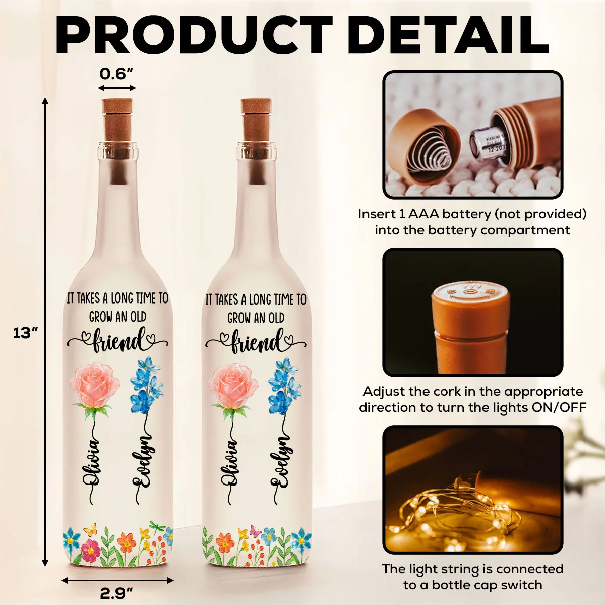 Long Time To Grow Old Friends Glass Flower - Personalized Custom Bottle Lamp - Image 5