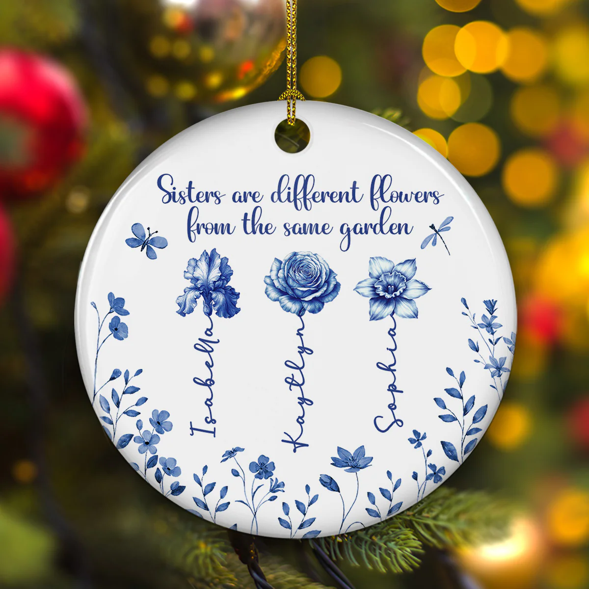 Love Blossoms Between Sweet Sisters - Personalized Custom Ceramic Ornament - Image 3