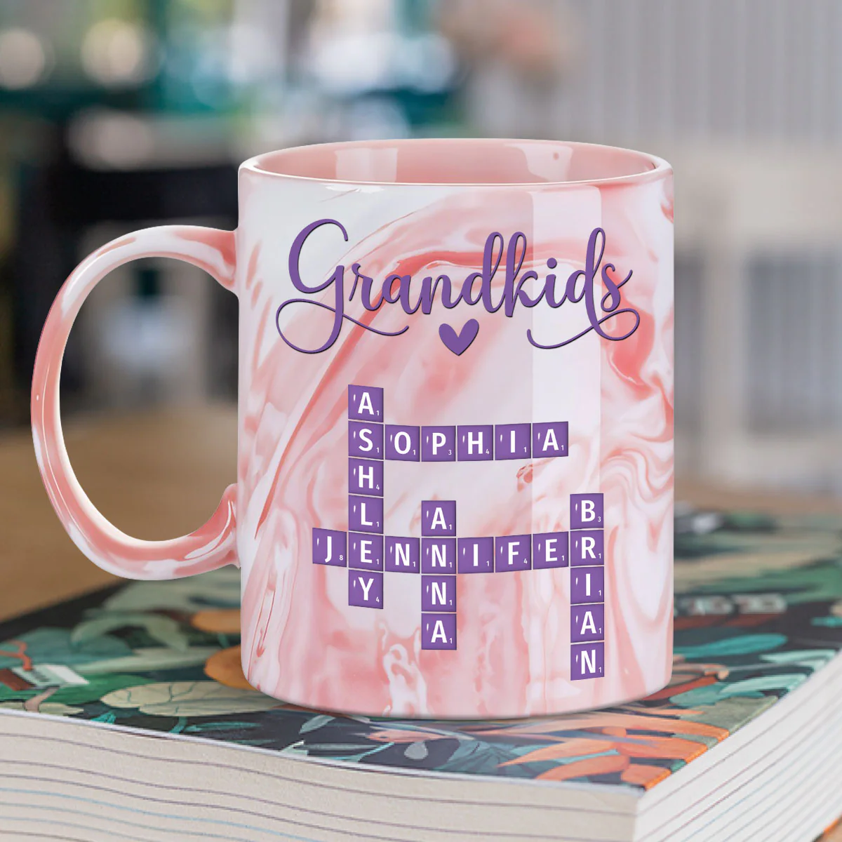 Love My Grandkids Crossword - Personalized Custom Pink Marble Mug - Image 2