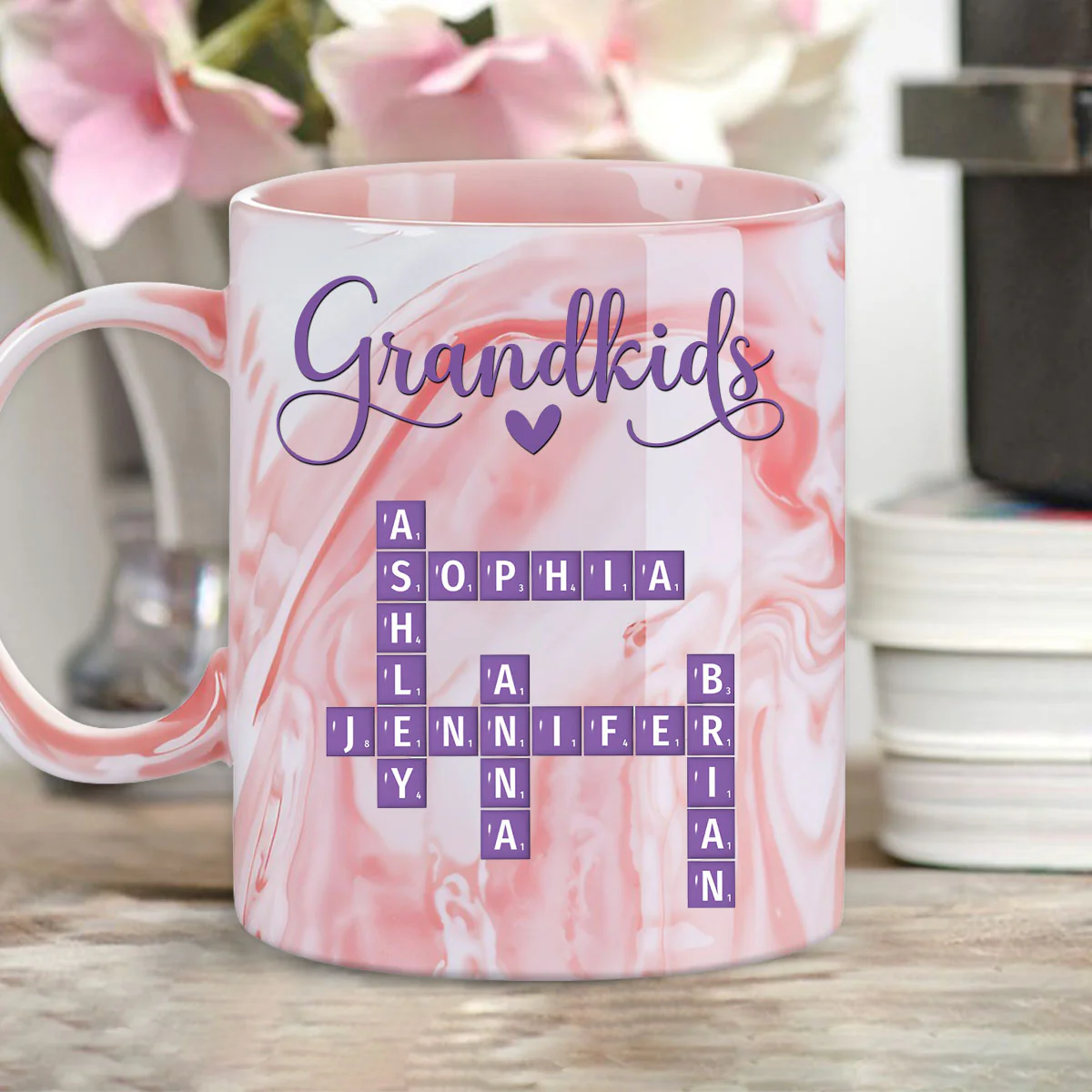 Love My Grandkids Crossword - Personalized Custom Pink Marble Mug - Image 5